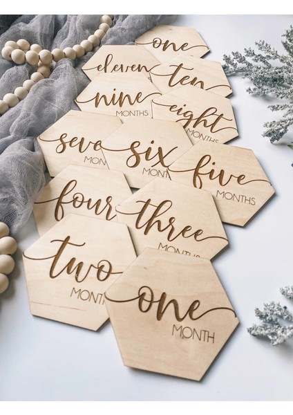 Bebek Aylık Kartı-12 Li Set|çiçekli Doğal Ağaç Yenidoğan Hatıra Kartları|bebek Fotoğraf Çekimi Dekor