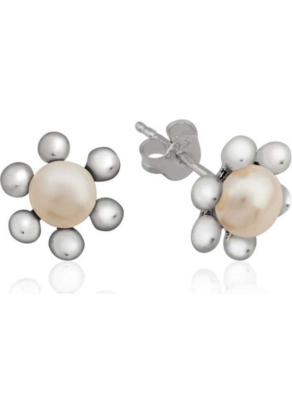 Gümüş Inci Çiçek Çivili Küpe