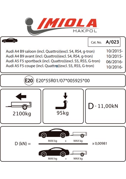 Audi A-5 (F5) (Rs Hariç) 01/2016 ve Sonrası Çeki Demiri modelleri