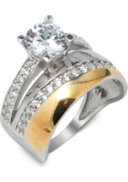 925 Ayar Gümüş Iki Sıra Yarım Tur Tek Taş Model Yüzük