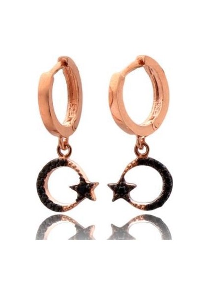 Siyah Taşlı Ay Yıldız Figürlü Gümüş Küpe