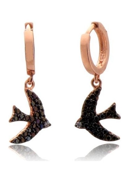 Siyah Zirkon Taşlı Kuş Figürlü Gümüş Küpe