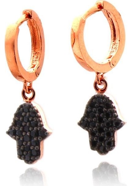 Siyah Taşlı Fatma Ananın Eli Motifli Gümüş Küpe