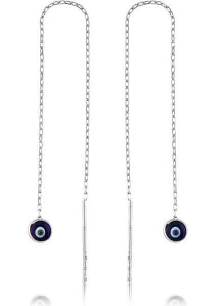 Gümüş Zincirli Lacivert Nazar Küpe