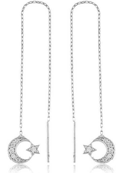 Gümüş Zincirli Ay Yıldız Küpe