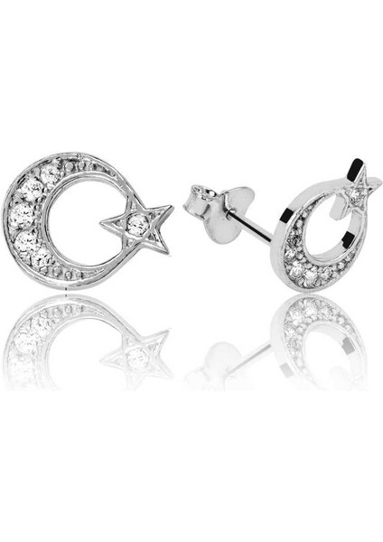 Gümüş Ay Yıldız Çivili Küpe