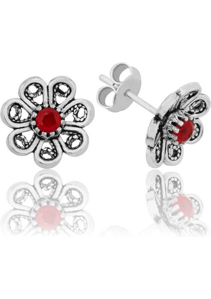 Gümüş Kırmızı Telkari Çiçek Çivili Küpe modelleri