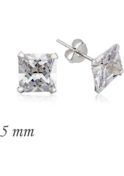 Gümüş Kare Tek Taş Zirkon Küpe - 5 mm