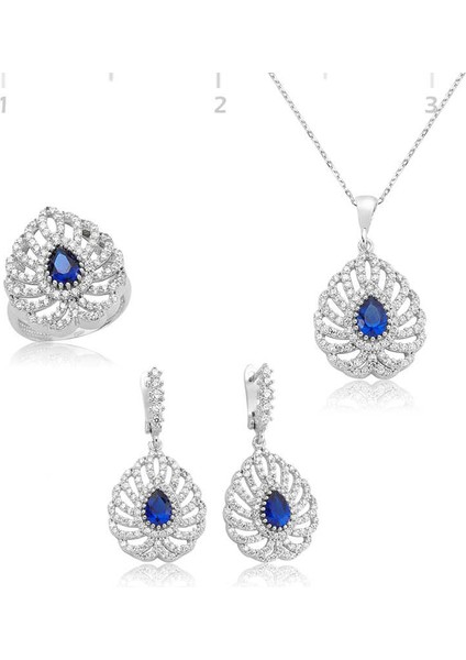Gümüş Lacivert Damla Taşlı Bayan Set