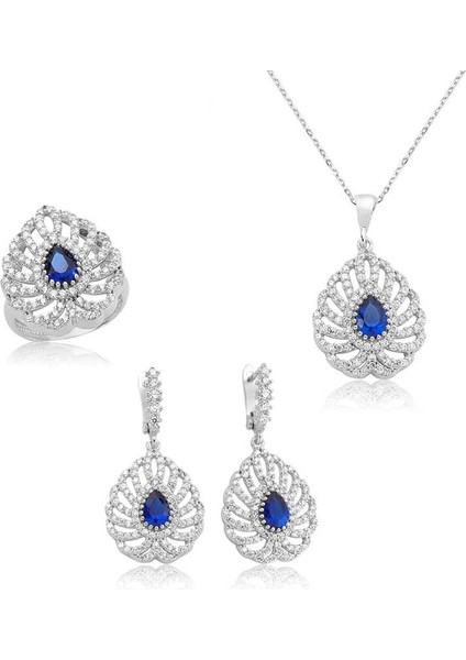 Gümüş Lacivert Damla Taşlı Bayan Set
