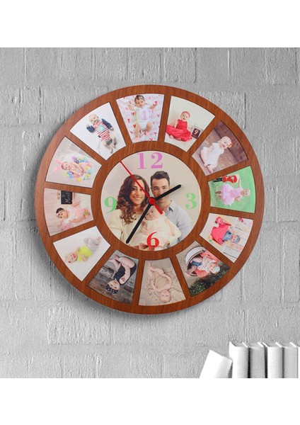 Kişiye Özel 13 Fotoğraflı Ahşap Duvar Saati 37CM