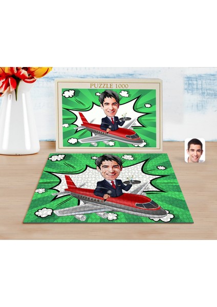 Kişiye Özel Erkek Uçuş Görevlisi Karikatürlü 1000 Parça Profesyonel Puzzle-1
