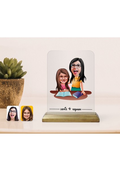 Kişiye Özel Anne Kız Karikatürlü Ahşap Standlı Çerçeve-1