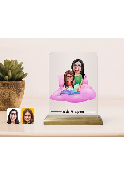 Kişiye Özel Anne Kız Karikatürlü Ahşap Standlı Çerçeve-3