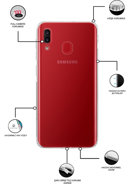 Samsung Galaxy A20 Kapak Kamera Korumalı Tıpalı Şeffaf Silikon Kılıf