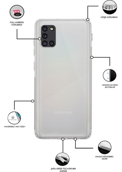 Samsung Galaxy A31 Kapak Kamera Korumalı Tıpalı Şeffaf Silikon Kılıf