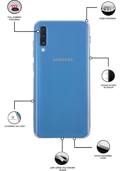 Samsung Galaxy A70 Kapak Kamera Korumalı Tıpalı Şeffaf Silikon Kılıf