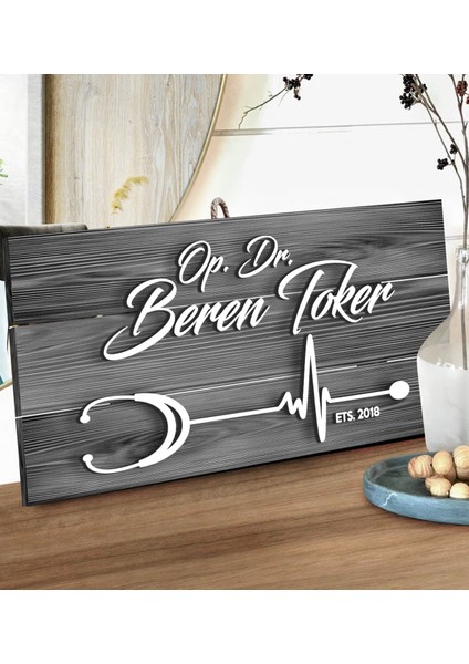 Gift Kişiye Özel Doktor Tasarımlı Gri Dekoratif Ahşap Tabela