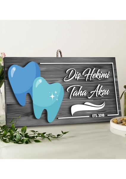 Gift Kişiye Özel Diş Hekimi Tasarımlı Gri Dekoratif Ahşap Tabela