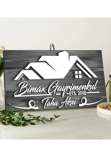 Gift Kişiye Özel Gayrimenkul Tasarımlı Gri Dekoratif Ahşap Tabela