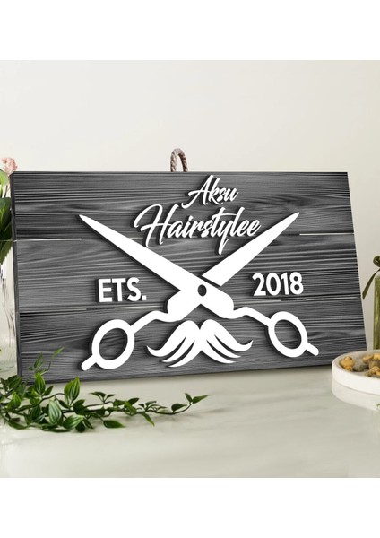 Gift Kişiye Özel Hairstyle Tasarımlı Gri Dekoratif Ahşap Tabela