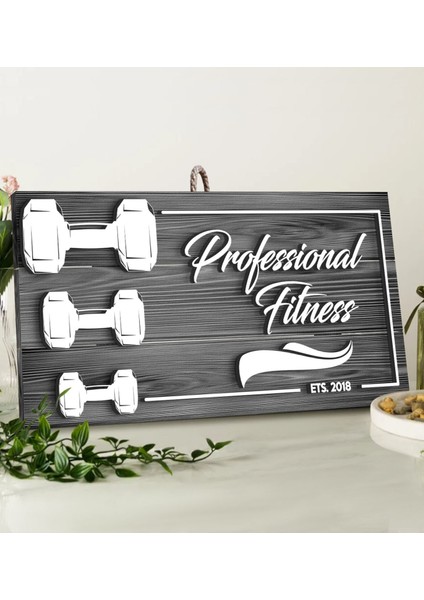Gift Kişiye Özel Fitness Salonu Tasarımlı Gri Dekoratif Ahşap Tabela