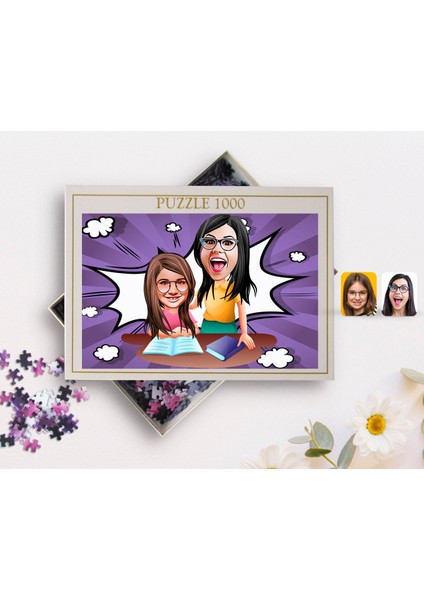 Kişiye Özel Anne Kiz Karikatürlü 1000 Parça Profesyonel Puzzle-1 fiyatları