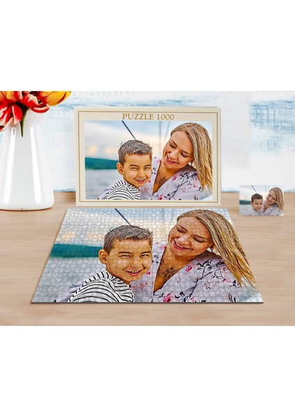 Kişiye Özel Tam Boy Anne ve Oğul Karikatürlü 1000 Parça Profesyonel Puzzle-1