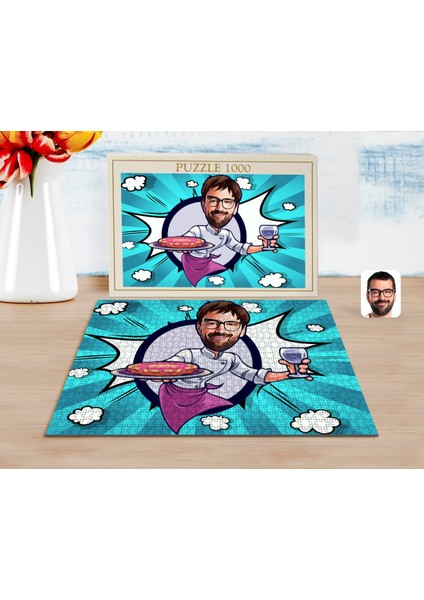 Kişiye Özel Erkek Garson Karikatürlü 1000 Parça Profesyonel Puzzle-1