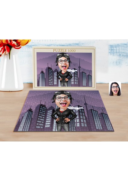 Kişiye Özel Kadin Pilot Karikatürlü 1000 Parça Profesyonel Puzzle-1