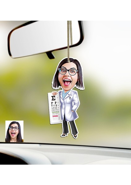 Kişiye Özel Bayan Göz Doktoru Karikatürlü Ahşap Araba Dikiz Ayna Süsü