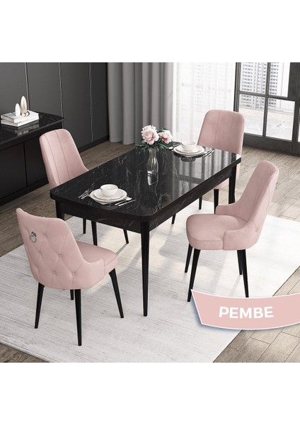Concept Noa Serisi, 80 x 132 cm Açılabilir Mdf Masa Takımı,siyah Mermer Desen Masa 4 Sandalye Gümüş Halkalı