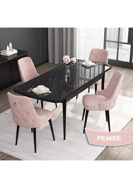 Concept Noa Serisi, 80 x 132 cm Açılabilir Mdf Masa Takımı,siyah Mermer Desen Masa 4 Sandalye Gümüş Halkalı fiyatları