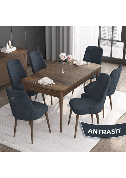 Concept Noa Serisi, 80 x 132 cm Mdf Masa Takımı, Barok Ahşap Desen Masa 6 Sandalye, Gümüş Halkalı