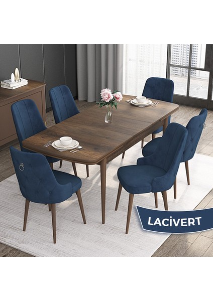 Concept Noa Serisi, 80 x 132 cm Mdf Masa Takımı, Barok Ahşap Desen Masa 6 Sandalye, Gümüş Halkalı