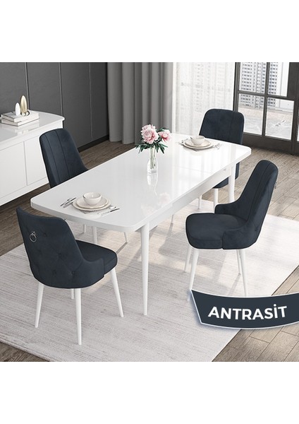 Concept Noa Serisi,80 x 132 cm Açılabilir Mdf Masa,beyaz Mutfak Masa Takımı,4 Sandalye Gümüş Halkalı