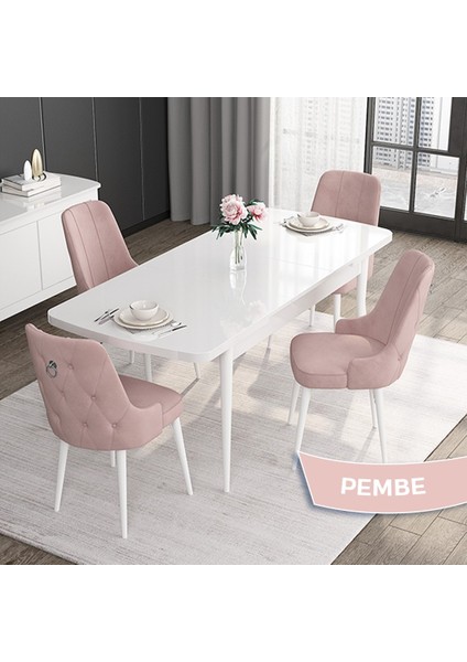 Concept Noa Serisi,80 x 132 cm Açılabilir Mdf Masa,beyaz Mutfak Masa Takımı,4 Sandalye Gümüş Halkalı