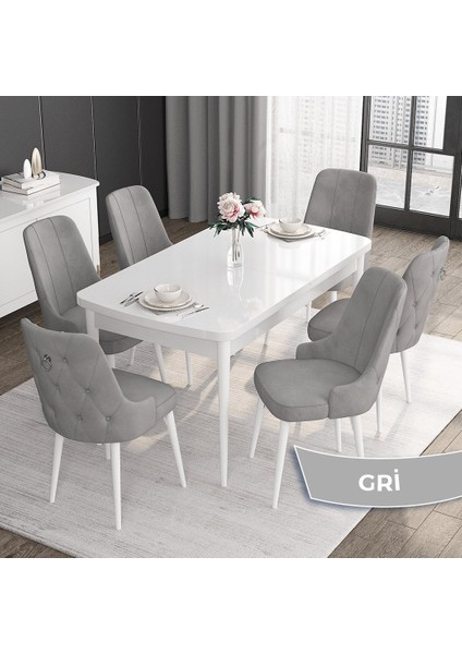 Concept Noa Serisi,80 x 132 cm Açılabilir Mdf Masa,beyaz Mutfak Masa Takımı,6 Sandalye Gümüş Halkalı