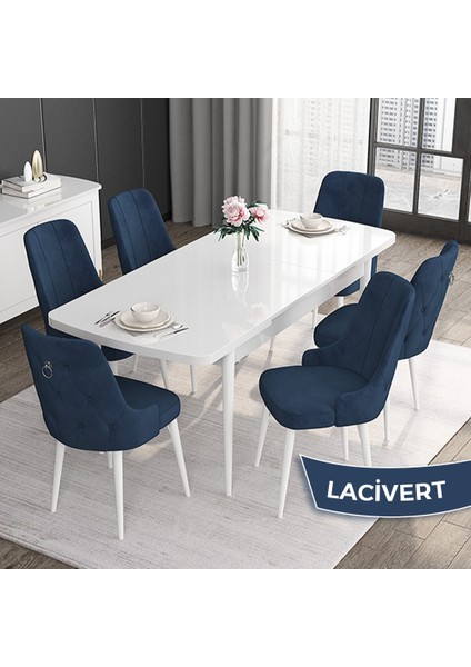 Concept Noa Serisi,80 x 132 cm Açılabilir Mdf Masa,beyaz Mutfak Masa Takımı,6 Sandalye Gümüş Halkalı