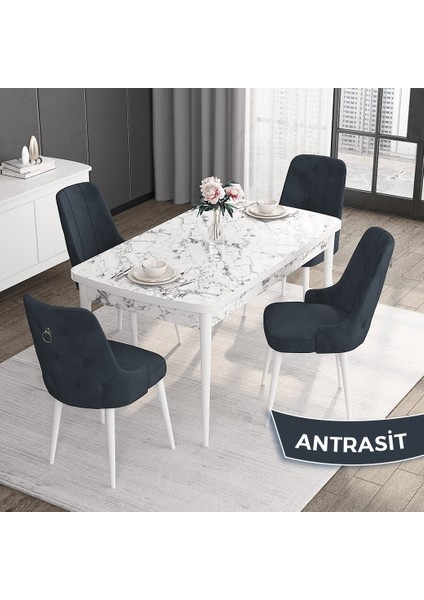 Concept Noa Serisi,80 x 132 cm Açılabilir Mdf Masa,beyaz Mermer Desen Mutfak Masa Takımı, 4 Sandalye Gümüş Halkalı