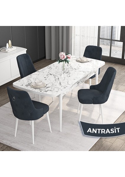 Concept Noa Serisi,80 x 132 cm Açılabilir Mdf Masa,beyaz Mermer Desen Mutfak Masa Takımı, 4 Sandalye Gümüş Halkalı fiyatları