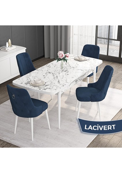 Concept Noa Serisi,80 x 132 cm Açılabilir Mdf Masa,beyaz Mermer Desen Mutfak Masa Takımı, 4 Sandalye Gümüş Halkalı
