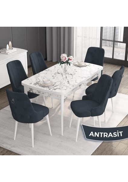 Concept Noa Serisi,80 x 132 cm Açılabilir Mdf Masa,beyaz Mermer Desen Mutfak Masa Takımı, 6 Sandalye Gümüş Halkalı