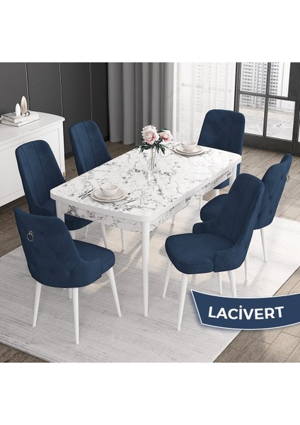 Concept Noa Serisi,80 x 132 cm Açılabilir Mdf Masa,beyaz Mermer Desen Mutfak Masa Takımı, 6 Sandalye Gümüş Halkalı