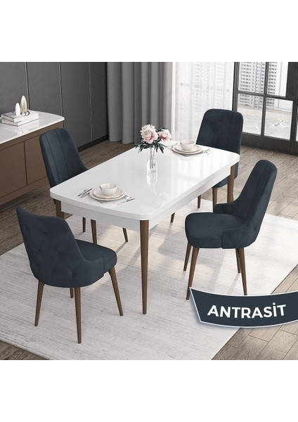 Concept Roy Serisi, 80 x 132 cm Açılabilir Mdf Masa Takımı, Beyaz Masa Ceviz Ayak 4 Sandalye