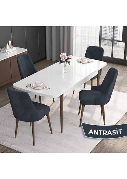 Concept Roy Serisi, 80 x 132 cm Açılabilir Mdf Masa Takımı, Beyaz Masa Ceviz Ayak 4 Sandalye