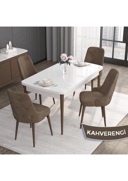 Concept Roy Serisi, 80 x 132 cm Açılabilir Mdf Masa Takımı, Beyaz Masa Ceviz Ayak 4 Sandalye
