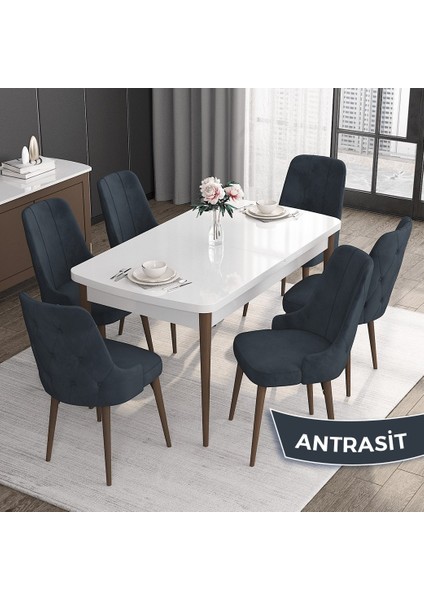 Concept Roy Serisi, 80 x 132 cm Açılabilir Mdf Masa Takımı, Beyaz Masa Ceviz Ayak 6 Sandalye