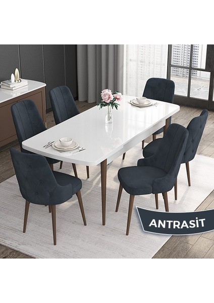 Concept Roy Serisi, 80 x 132 cm Açılabilir Mdf Masa Takımı, Beyaz Masa Ceviz Ayak 6 Sandalye