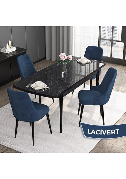 Concept Roy Serisi, 80 x 132 cm Açılabilir Mdf Mutfak Masa Takımı,siyah Mermer Desen Masa 4 Sandalye
